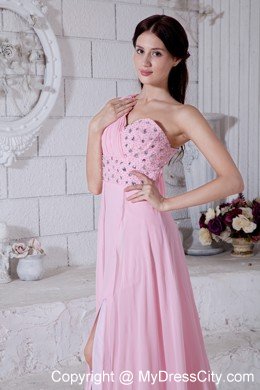 Pink Single Shoulder Beading Prom Dress with Watteau Train