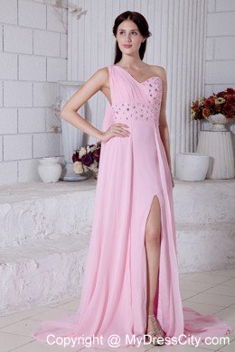 Pink Single Shoulder Beading Prom Dress with Watteau Train