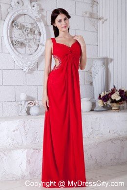 Sexy Chiffon Beading Red Prom Dresses with Side Cut Out