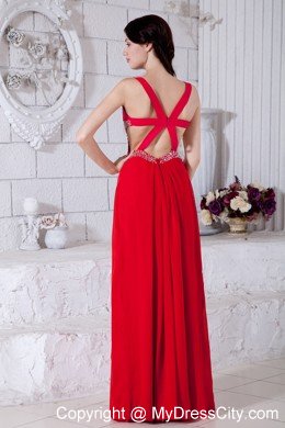 Sexy Chiffon Beading Red Prom Dresses with Side Cut Out