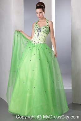 Satin and Organza Beading A-line Halter Spring Green Prom Dress