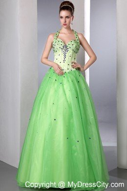 Satin and Organza Beading A-line Halter Spring Green Prom Dress