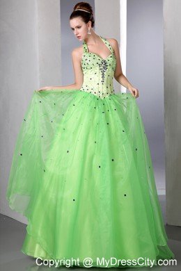 Satin and Organza Beading A-line Halter Spring Green Prom Dress