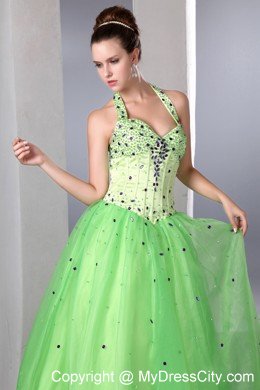 Satin and Organza Beading A-line Halter Spring Green Prom Dress