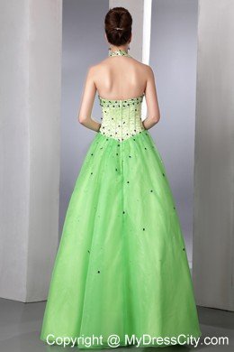 Satin and Organza Beading A-line Halter Spring Green Prom Dress