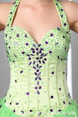 Satin and Organza Beading A-line Halter Spring Green Prom Dress