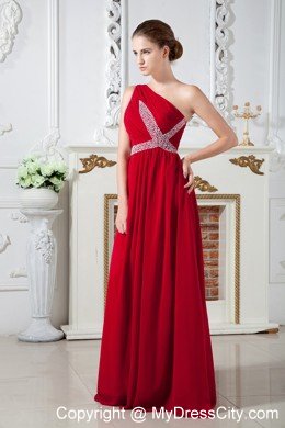 Empire One Shoulder Chiffon Ruches and Beading Red Prom Dress