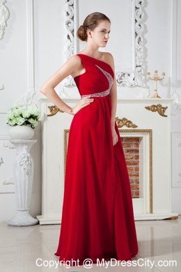 Empire One Shoulder Chiffon Ruches and Beading Red Prom Dress