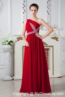 Empire One Shoulder Chiffon Ruches and Beading Red Prom Dress