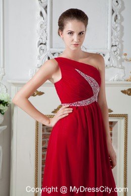 Empire One Shoulder Chiffon Ruches and Beading Red Prom Dress