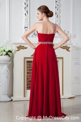 Empire One Shoulder Chiffon Ruches and Beading Red Prom Dress