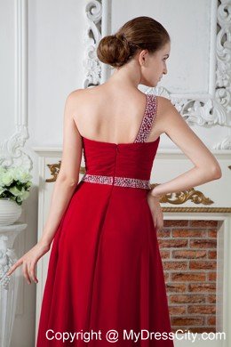 Empire One Shoulder Chiffon Ruches and Beading Red Prom Dress