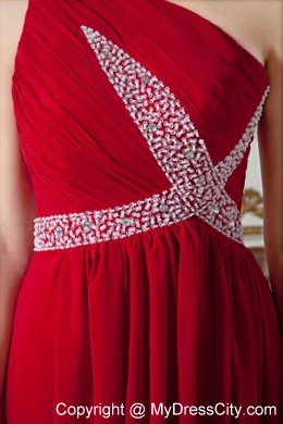 Empire One Shoulder Chiffon Ruches and Beading Red Prom Dress