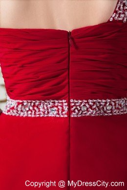 Empire One Shoulder Chiffon Ruches and Beading Red Prom Dress