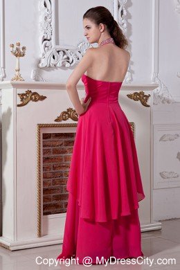 Halter Top Empire Chiffon Hot Pink Prom Dress with Beading