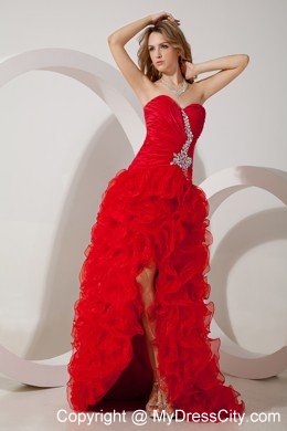 Sweetheart High-Low Organza Ruffled Beading 2013 Red Prom Dress