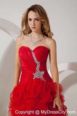Sweetheart High-Low Organza Ruffled Beading 2013 Red Prom Dress