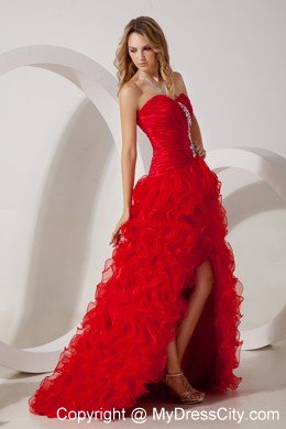 Sweetheart High-Low Organza Ruffled Beading 2013 Red Prom Dress