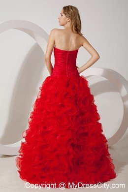 Sweetheart High-Low Organza Ruffled Beading 2013 Red Prom Dress