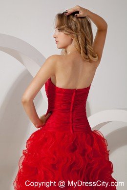 Sweetheart High-Low Organza Ruffled Beading 2013 Red Prom Dress