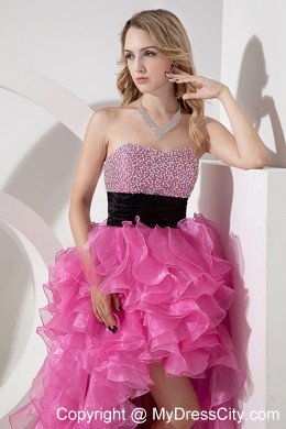 Sweetheart Organza Beading Ruffled Rose Pink High-low Prom Dress