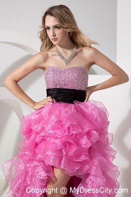 Sweetheart Organza Beading Ruffled Rose Pink High-low Prom Dress