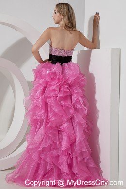 Sweetheart Organza Beading Ruffled Rose Pink High-low Prom Dress