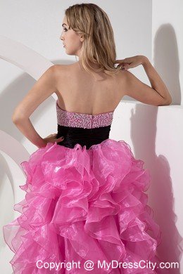 Sweetheart Organza Beading Ruffled Rose Pink High-low Prom Dress