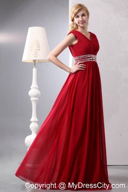 Beaded Chiffon Empire V-neck Ruched Red Prom Dress