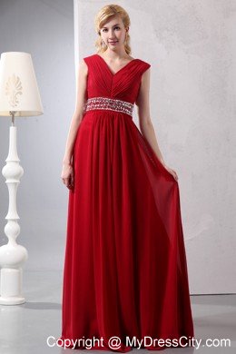 Beaded Chiffon Empire V-neck Ruched Red Prom Dress