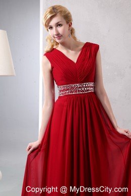 Beaded Chiffon Empire V-neck Ruched Red Prom Dress