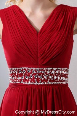 Beaded Chiffon Empire V-neck Ruched Red Prom Dress