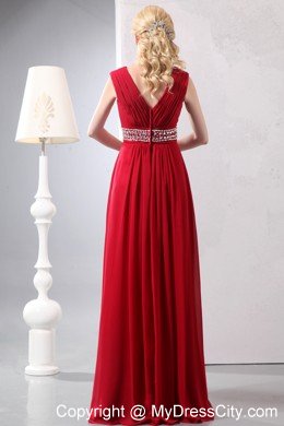 Beaded Chiffon Empire V-neck Ruched Red Prom Dress