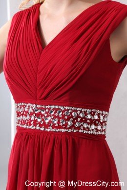 Beaded Chiffon Empire V-neck Ruched Red Prom Dress