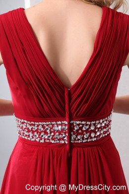 Beaded Chiffon Empire V-neck Ruched Red Prom Dress