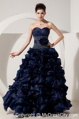 Ruffled Sweetheart Organza Navy Blue Prom Gowns with Jacket