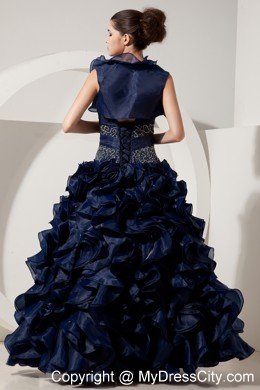 Ruffled Sweetheart Organza Navy Blue Prom Gowns with Jacket