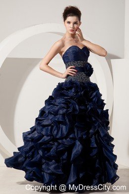 Ruffled Sweetheart Organza Navy Blue Prom Gowns with Jacket