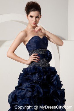 Ruffled Sweetheart Organza Navy Blue Prom Gowns with Jacket