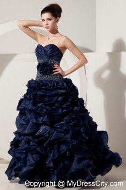 Ruffled Sweetheart Organza Navy Blue Prom Gowns with Jacket