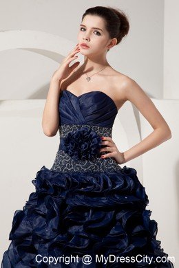 Ruffled Sweetheart Organza Navy Blue Prom Gowns with Jacket