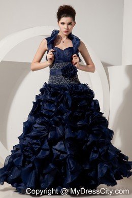 Ruffled Sweetheart Organza Navy Blue Prom Gowns with Jacket