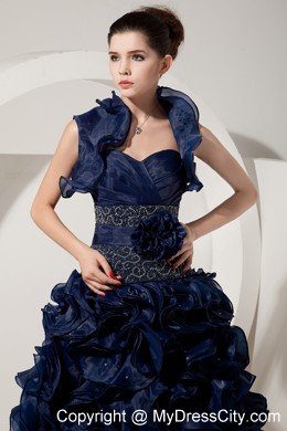 Ruffled Sweetheart Organza Navy Blue Prom Gowns with Jacket