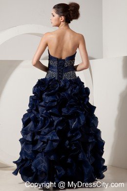Ruffled Sweetheart Organza Navy Blue Prom Gowns with Jacket
