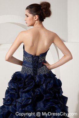Ruffled Sweetheart Organza Navy Blue Prom Gowns with Jacket