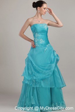 Organza Strapless Long Appliques and Beading Ruched Prom Dress
