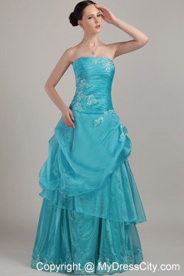 Organza Strapless Long Appliques and Beading Ruched Prom Dress