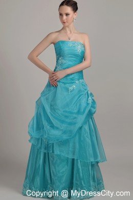 Organza Strapless Long Appliques and Beading Ruched Prom Dress