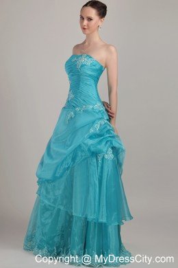Organza Strapless Long Appliques and Beading Ruched Prom Dress