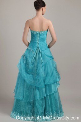 Organza Strapless Long Appliques and Beading Ruched Prom Dress